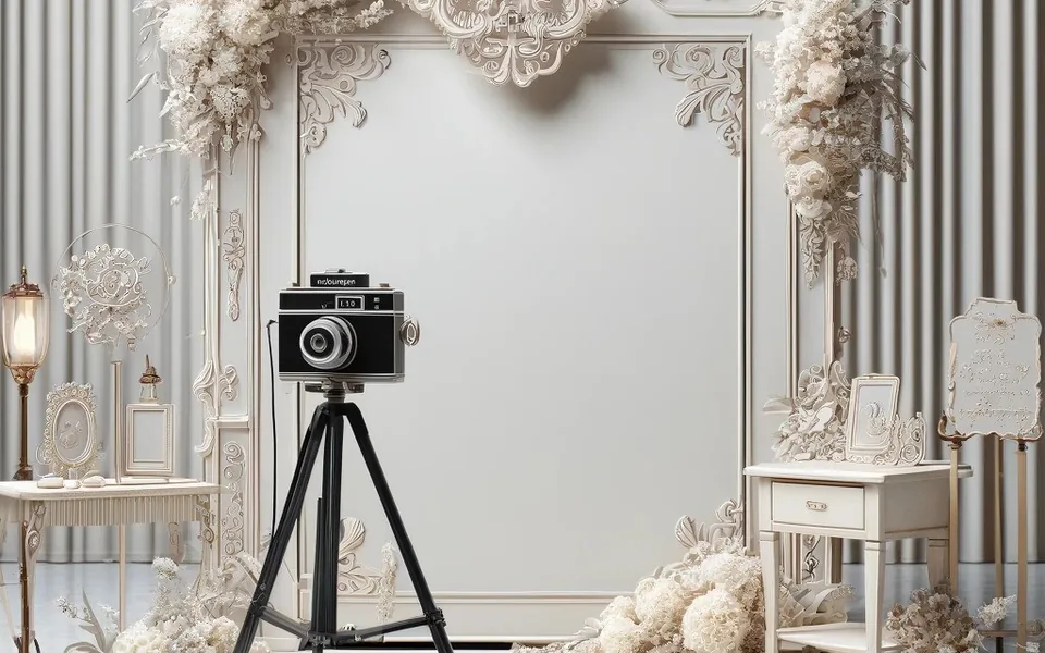 Decorative wedding photo corner with camera and floral styling