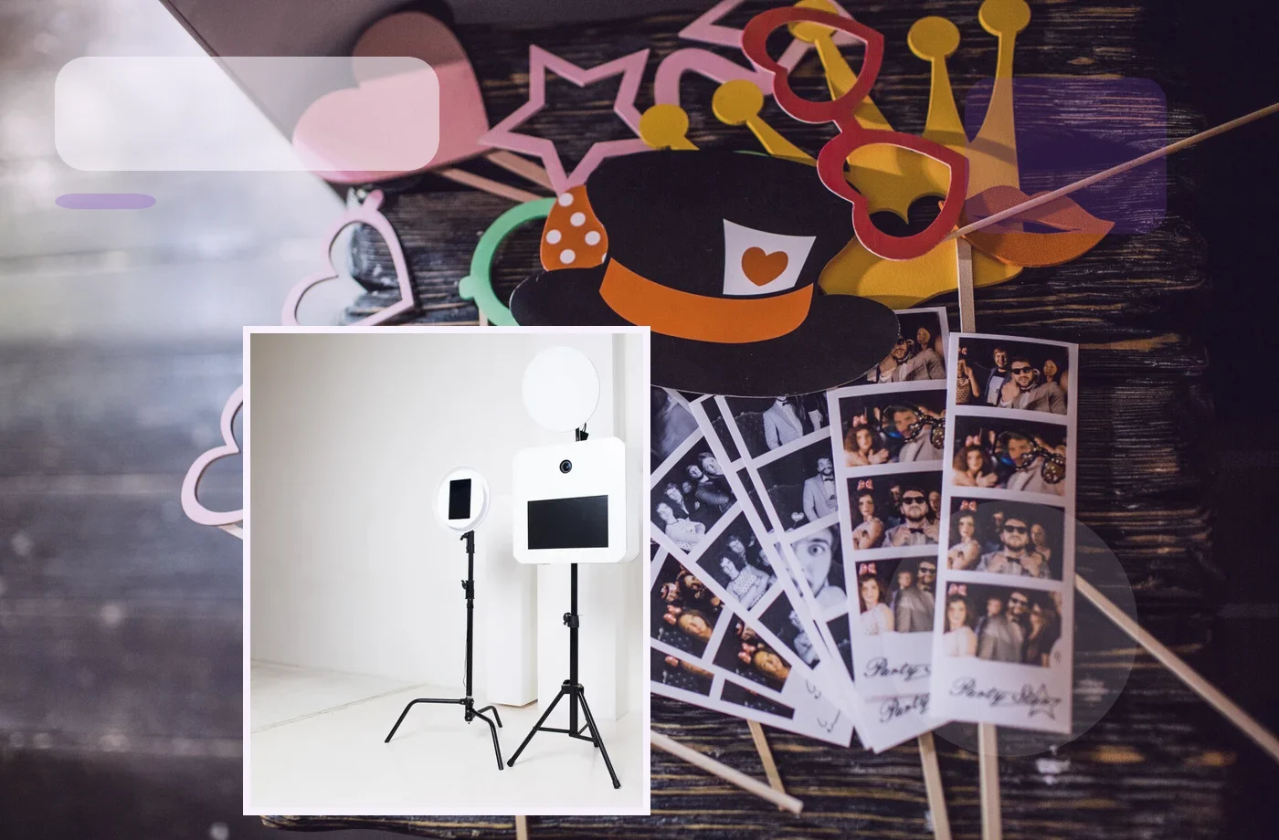 Props and printed strips arranged on a tabletop