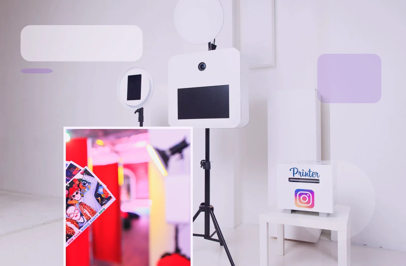 Clean photo booth and printer setup inside a bright event space