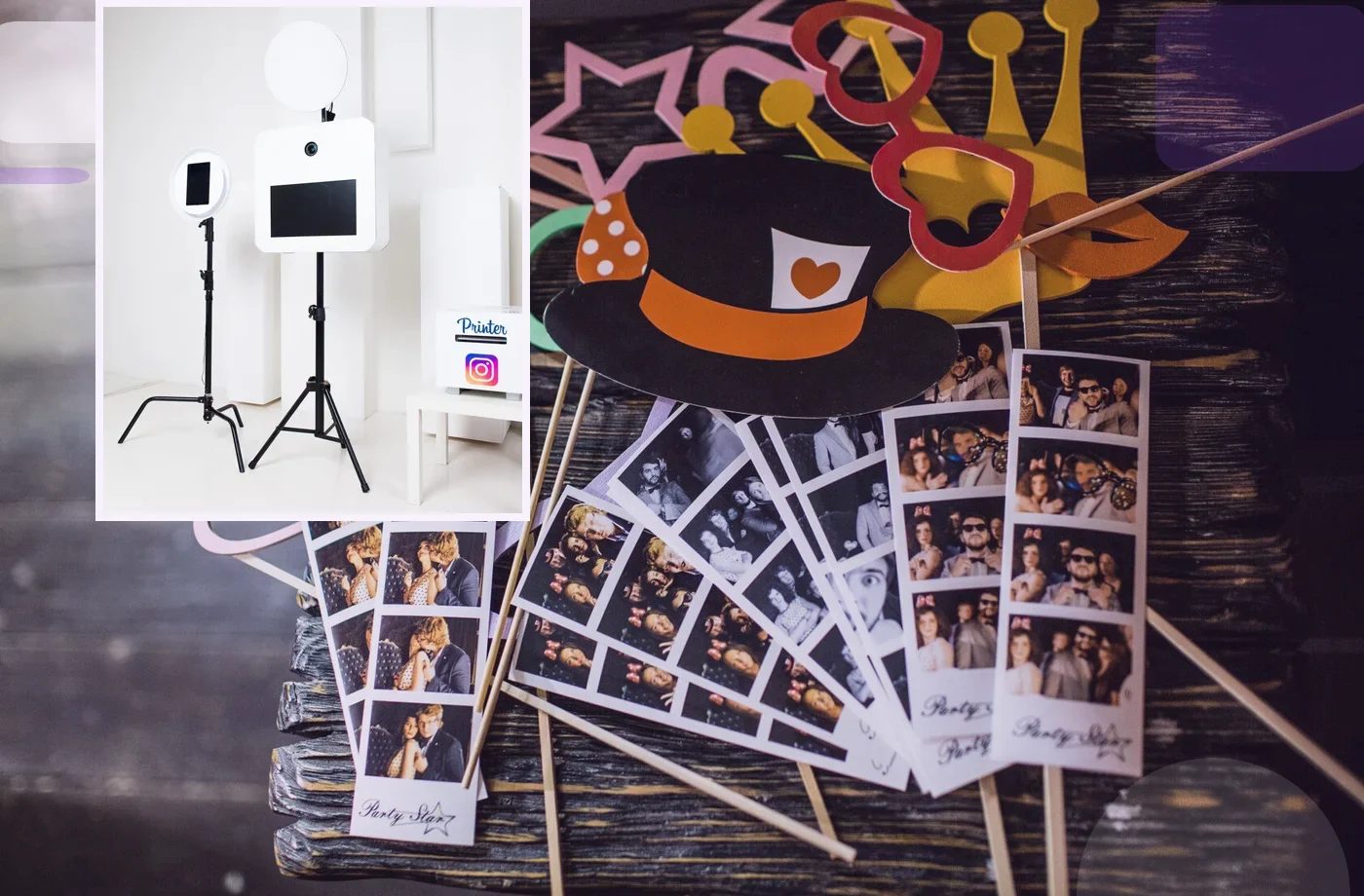 Props and printed strips arranged on a tabletop