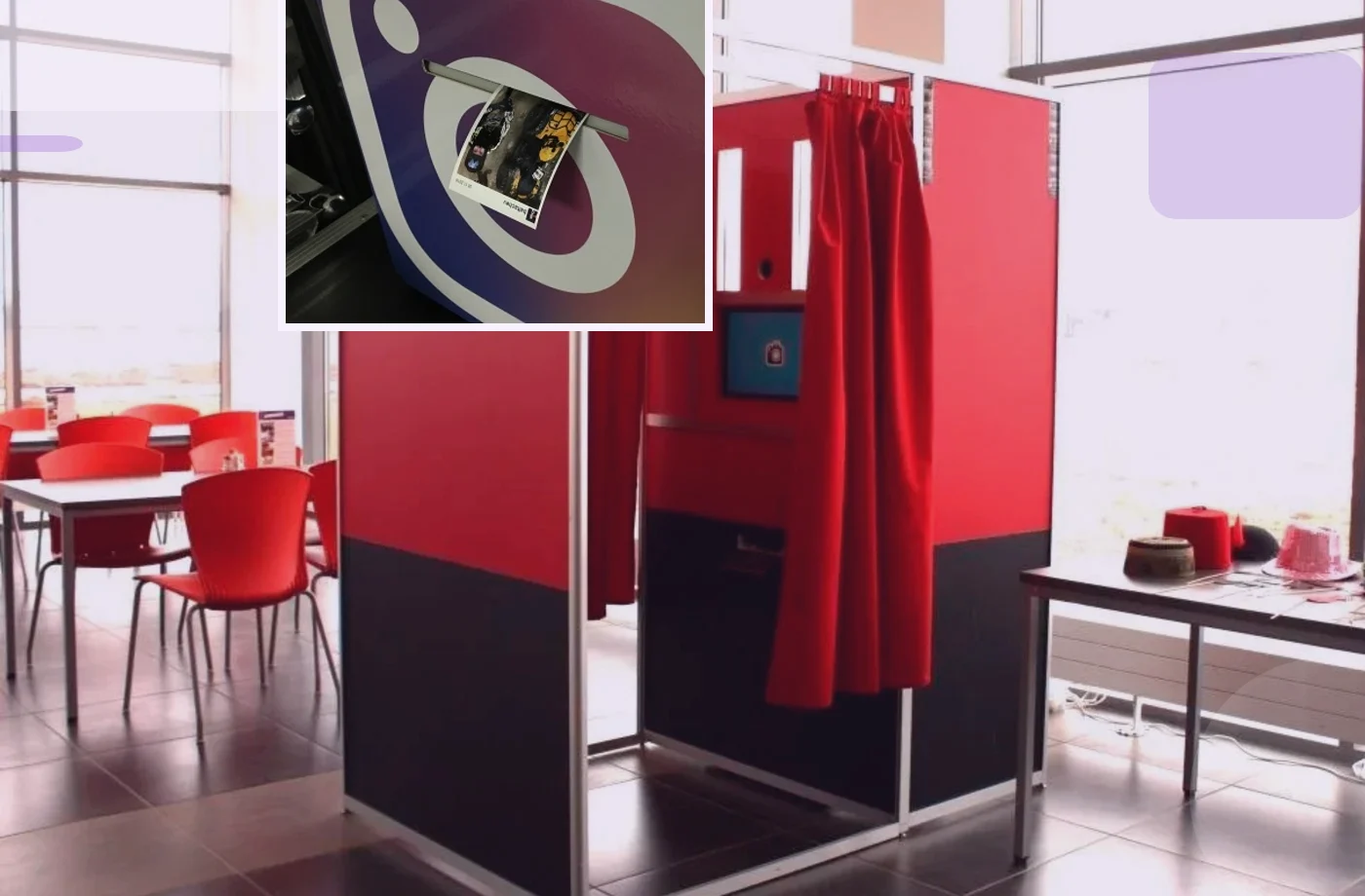 Red enclosed photo booth installed at a venue