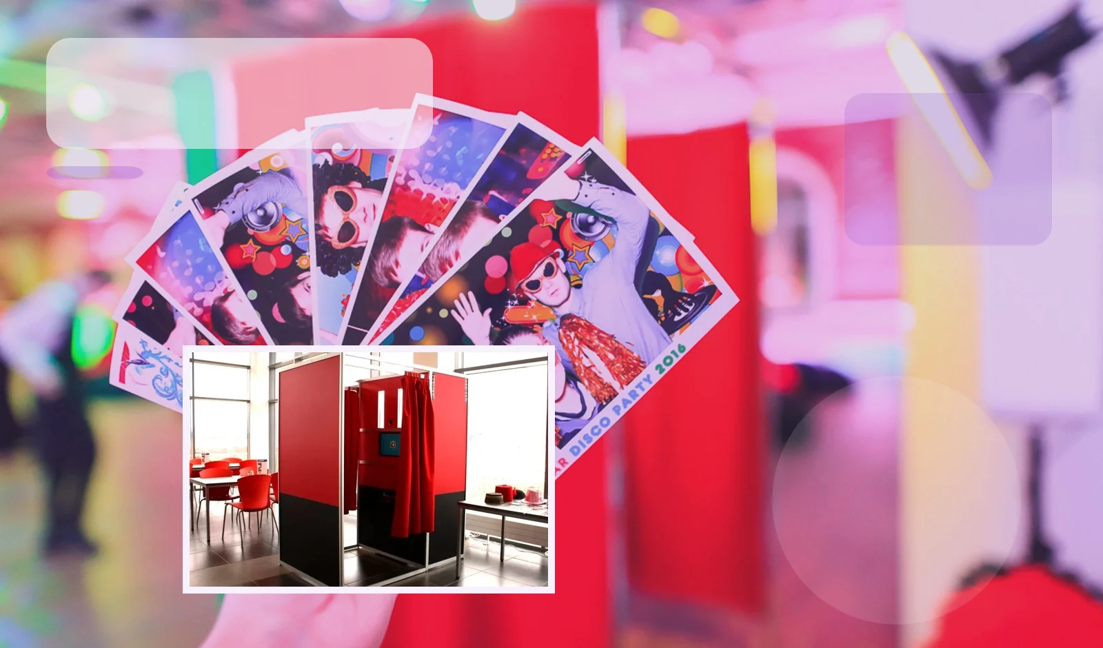 Printed photo strips held up in front of a booth