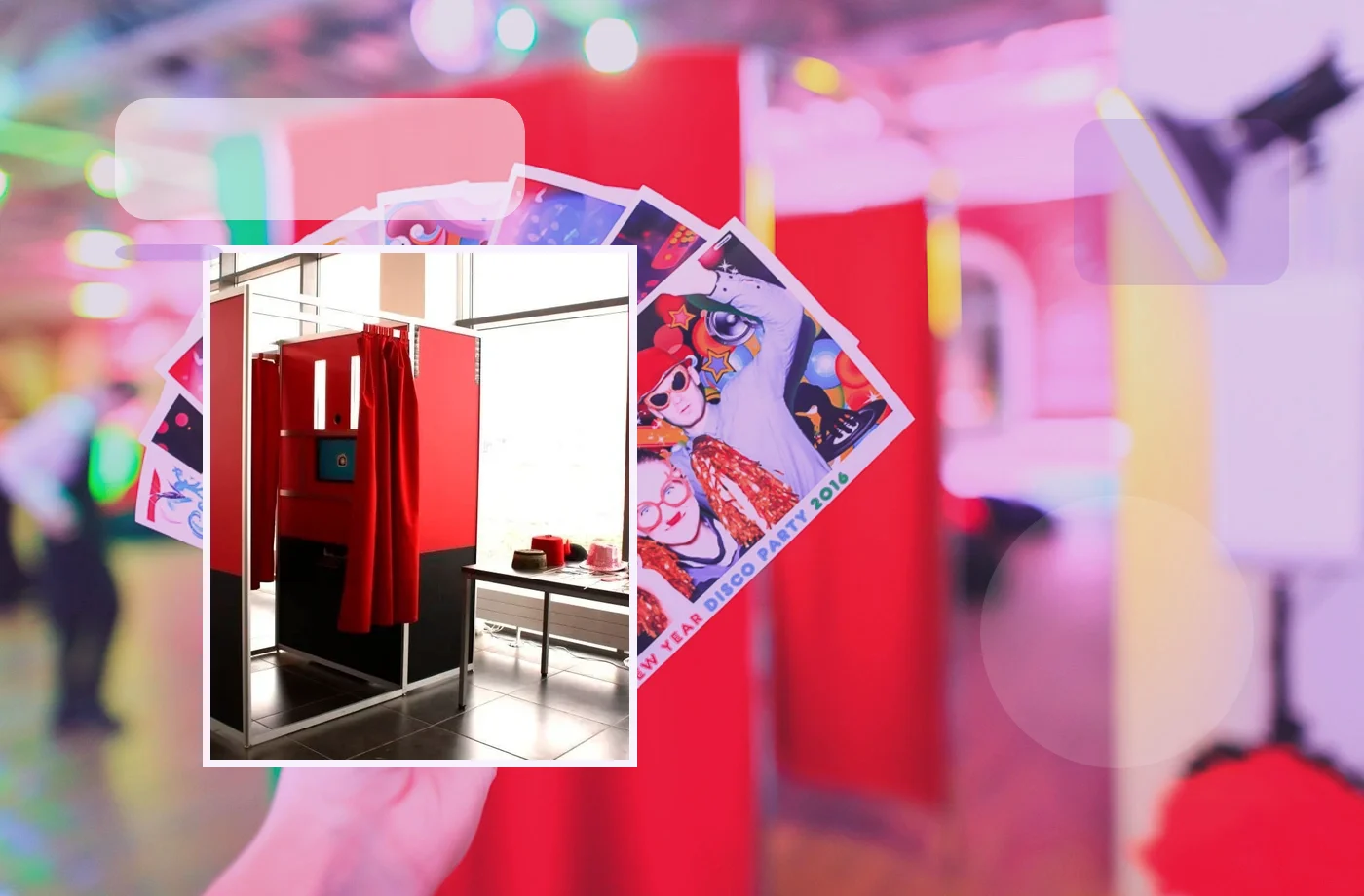 Printed photo strips held up in front of a booth