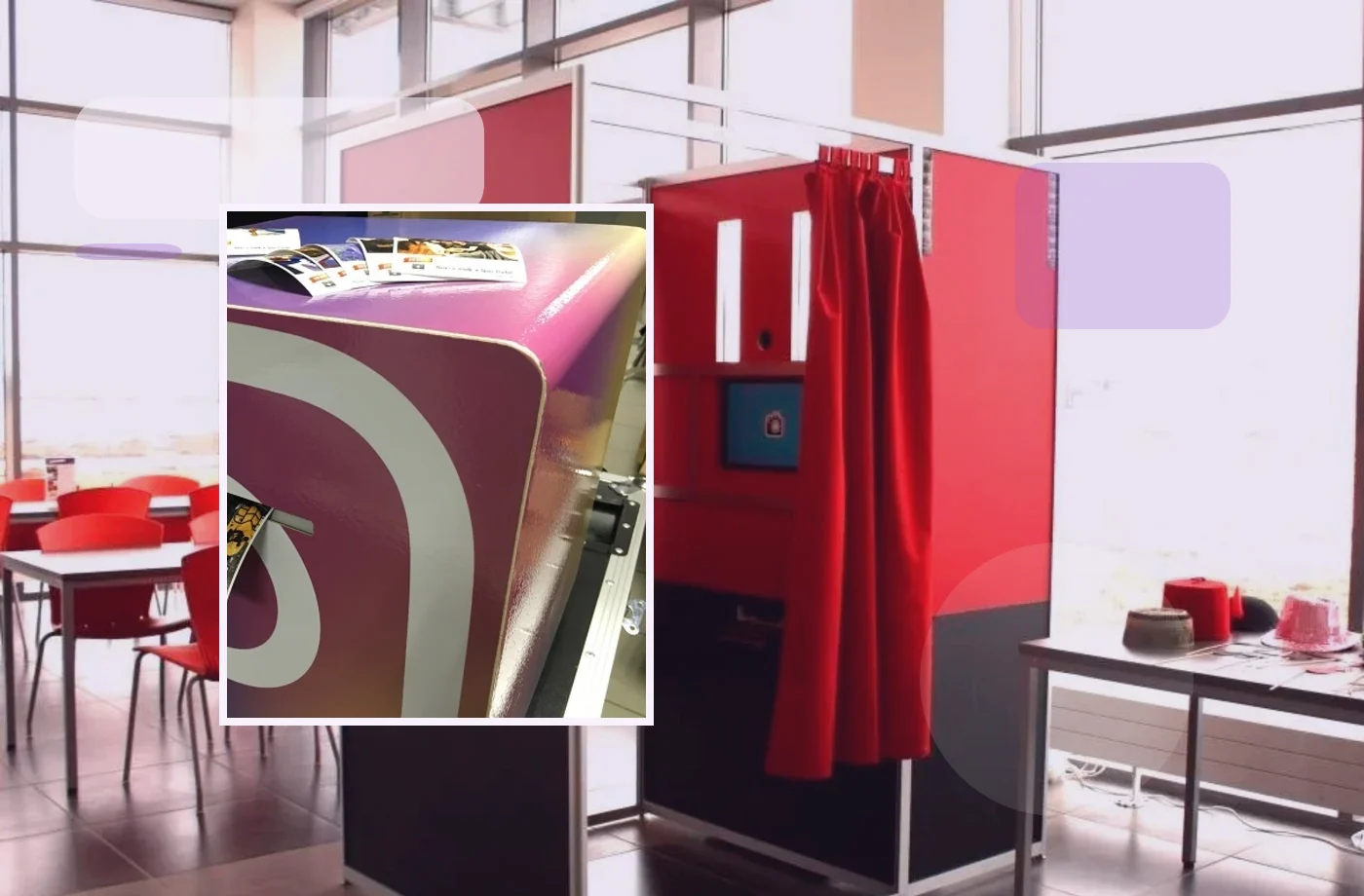 Red enclosed photo booth installed at a venue