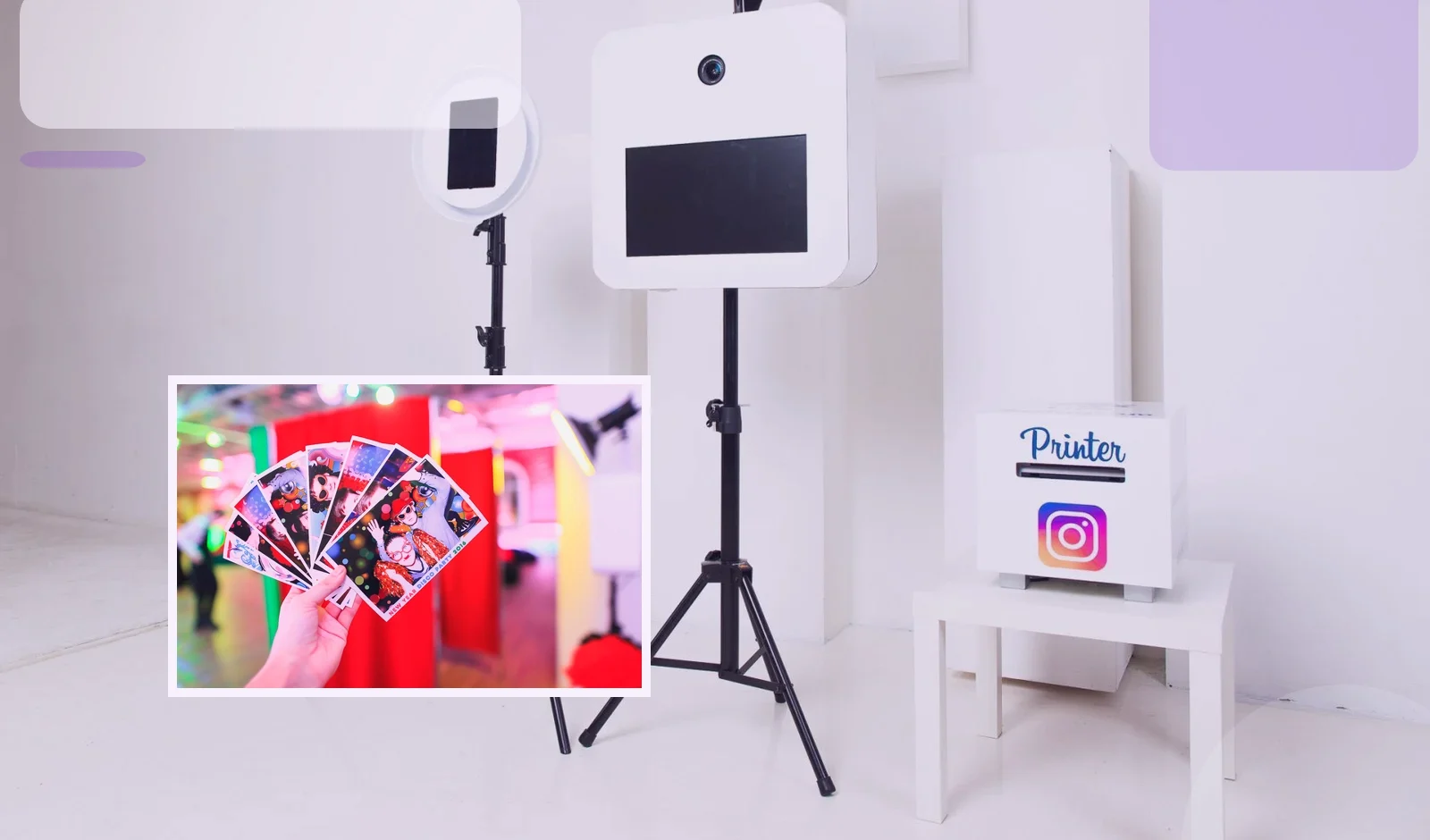 Clean photo booth and printer setup inside a bright event space