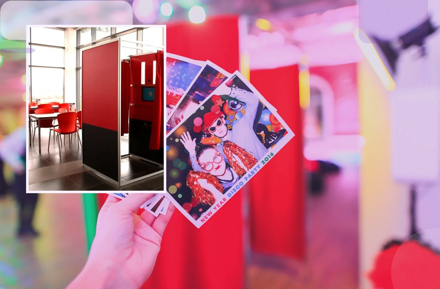 Printed photo strips held up in front of a booth