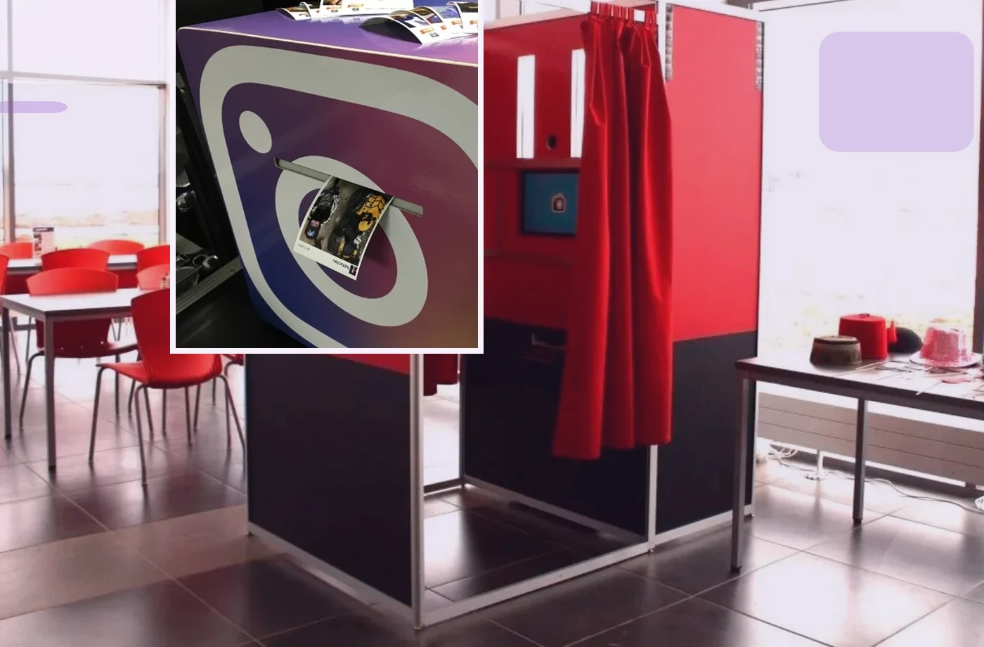 Red enclosed photo booth installed at a venue