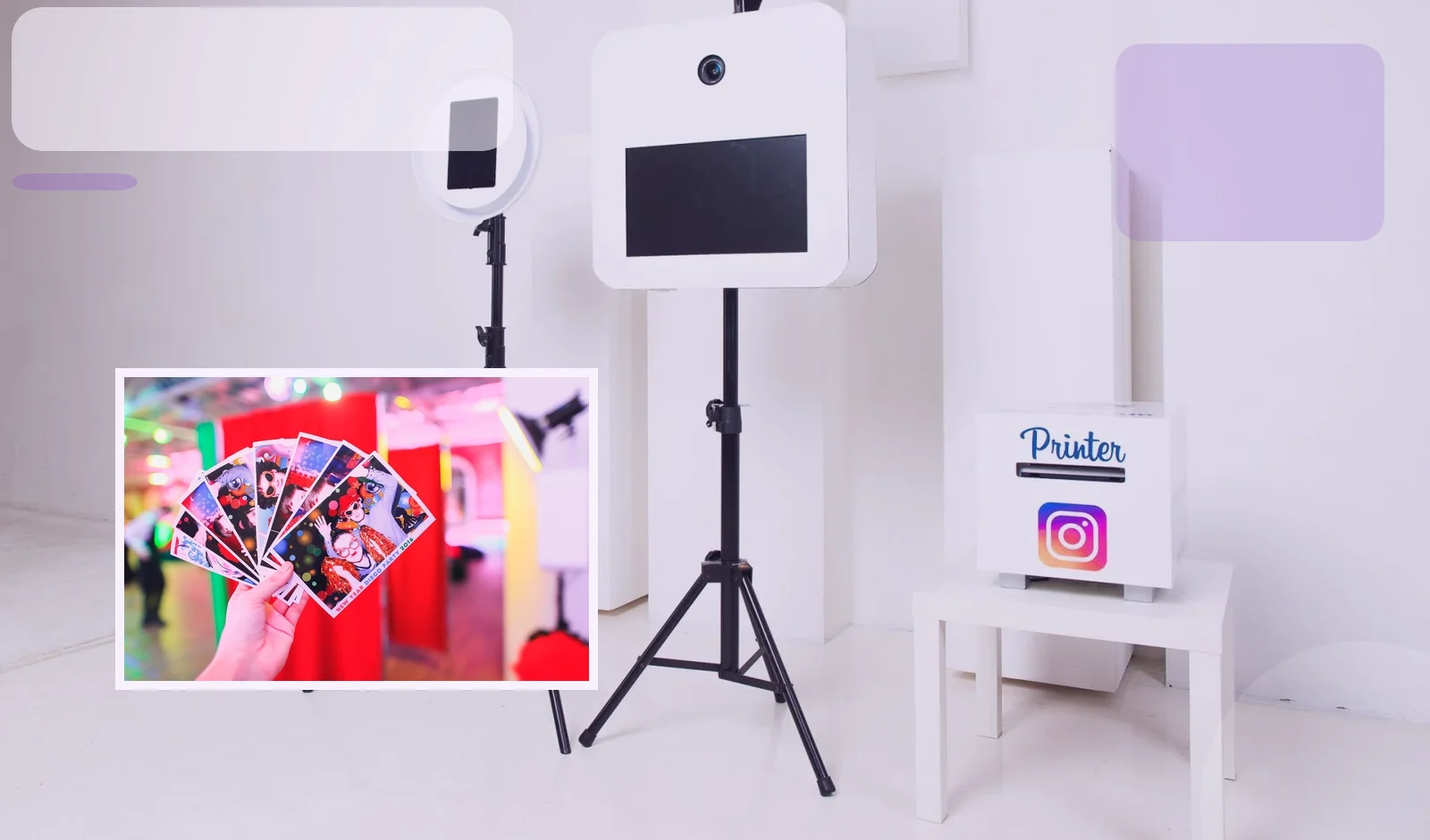 Clean photo booth and printer setup inside a bright event space